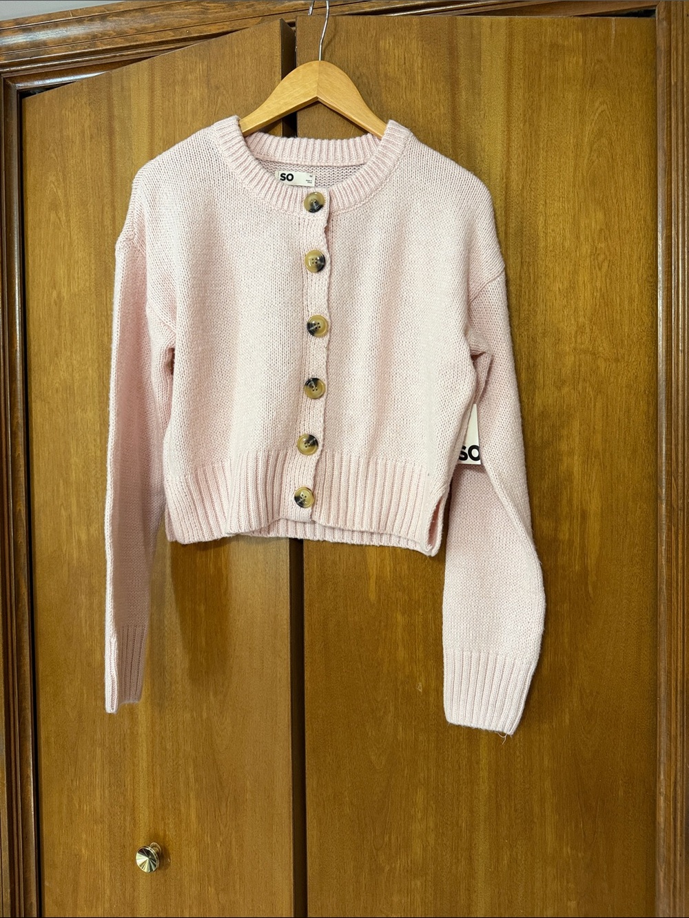 SO Pale Pink Cropped Ribbed Button-Front Cardigan